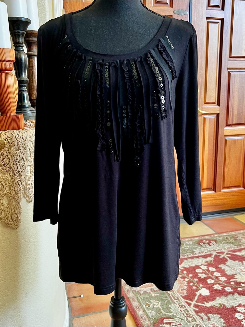 Ali Miles Womens M Tunic Top Black Pleated Neck With Sequins